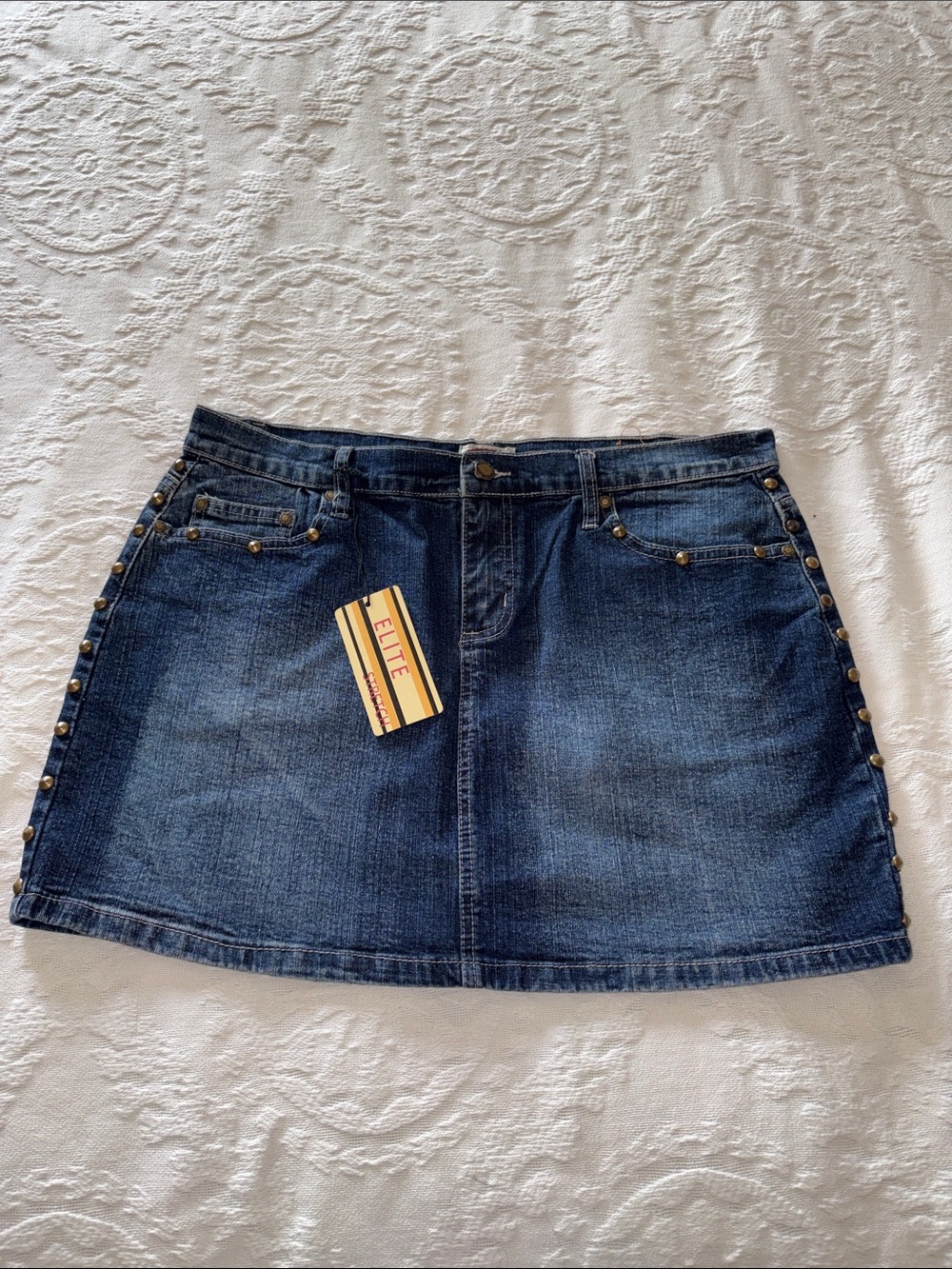 Vintage BNWT Elite Jeans Dark Blue Denim Mini Skirt with Stud Detail 15/16